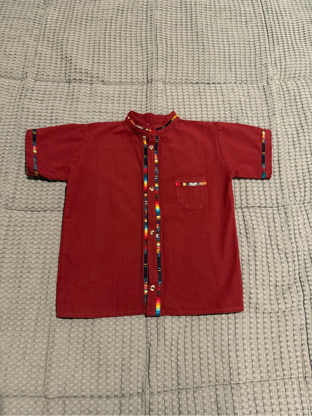 Boys Burgundy Short-Sleeve Button Shirt with Folk Trim Size 7-8